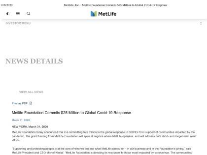 Metlife Foundation Commits $25 Million to Global Covid-19 Response
